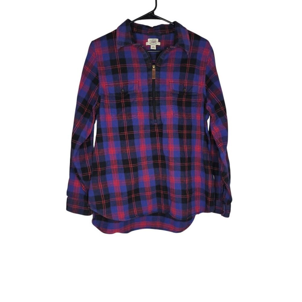 LL Bean Women’s Scotch Plaid Flannel Shirt Quarter-Zip Angus Pullover Purple L